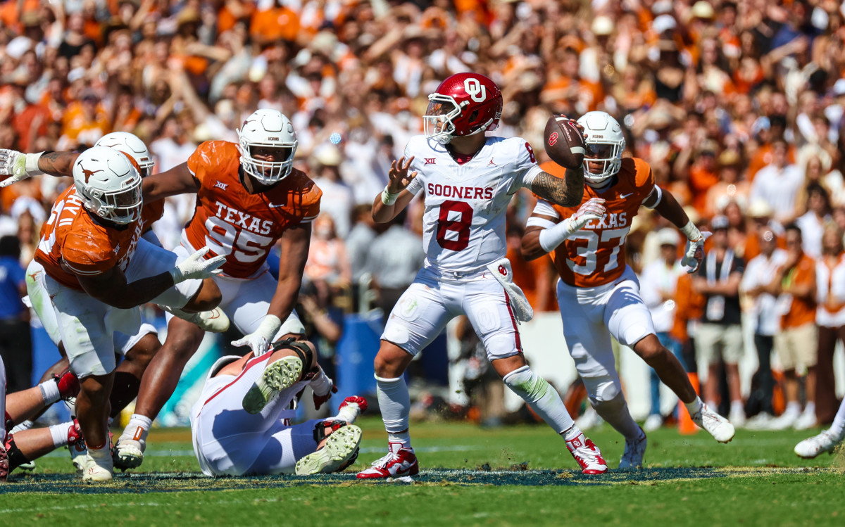 Oklahoma Sooners quarterback Dillon Gabriel throws a pass in a 34-30 win over the Texas Longhorns.